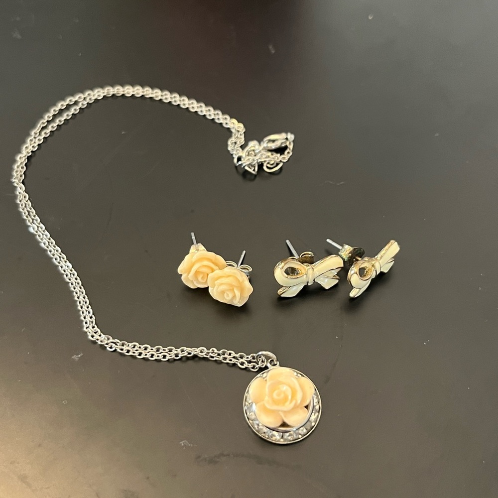 Coquette Dainty Jewelry Lot Necklace Earrings Rose Flower Bow Dusty Pink